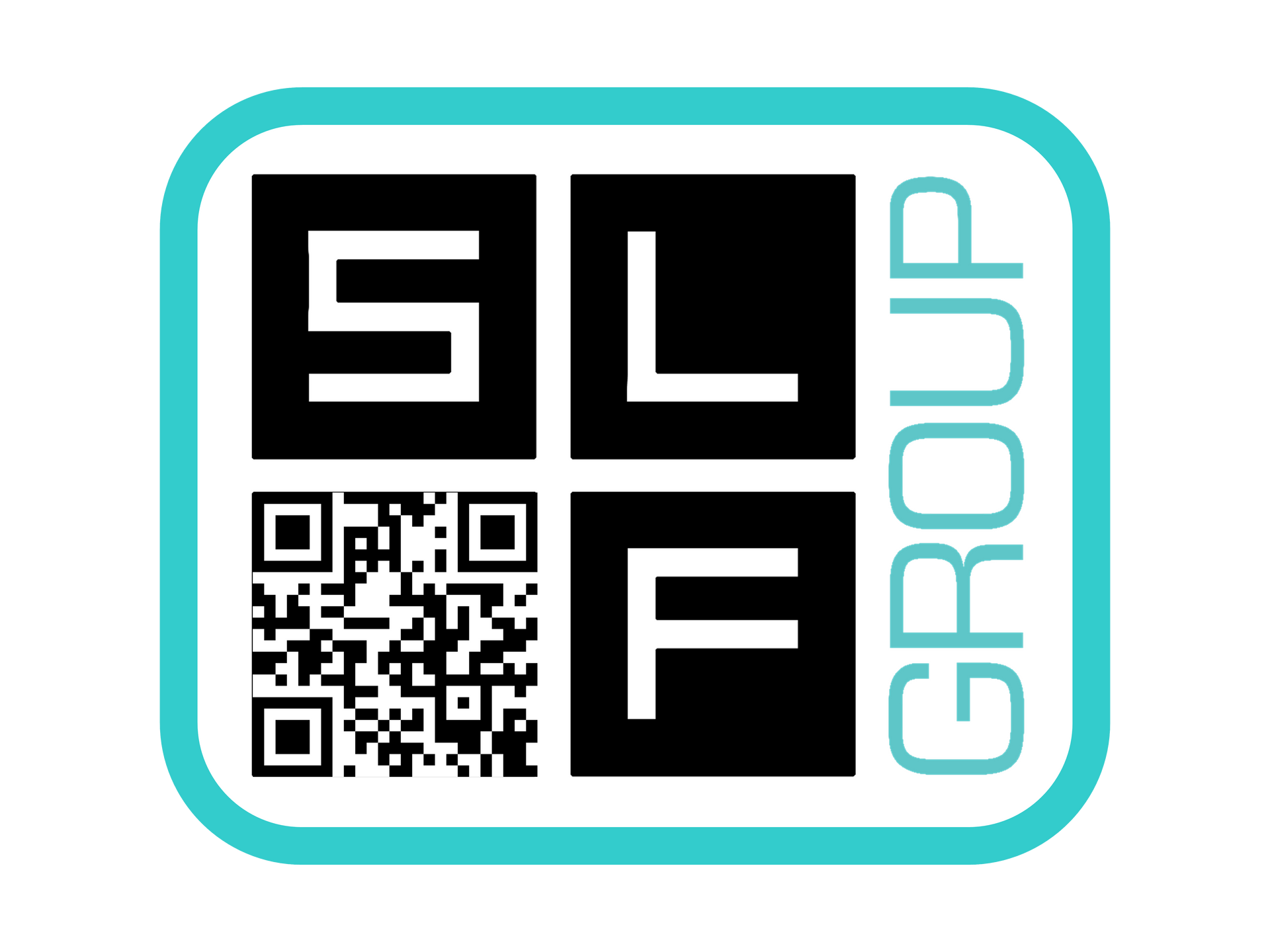 Het logo van de SLF Group: een vierkant met een turquoise rand, met daarin de letters S, L en F, en een QR-code, met