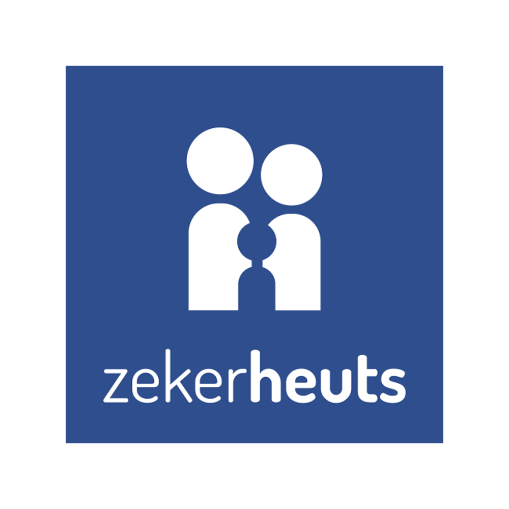 Een logo op een blauwe achtergrond met witte, gestileerde figuren van twee volwassenen en een kind boven de tekst