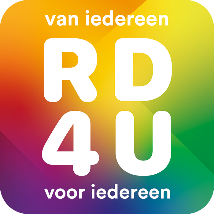 A square, rainbow-gradient background features white text reading