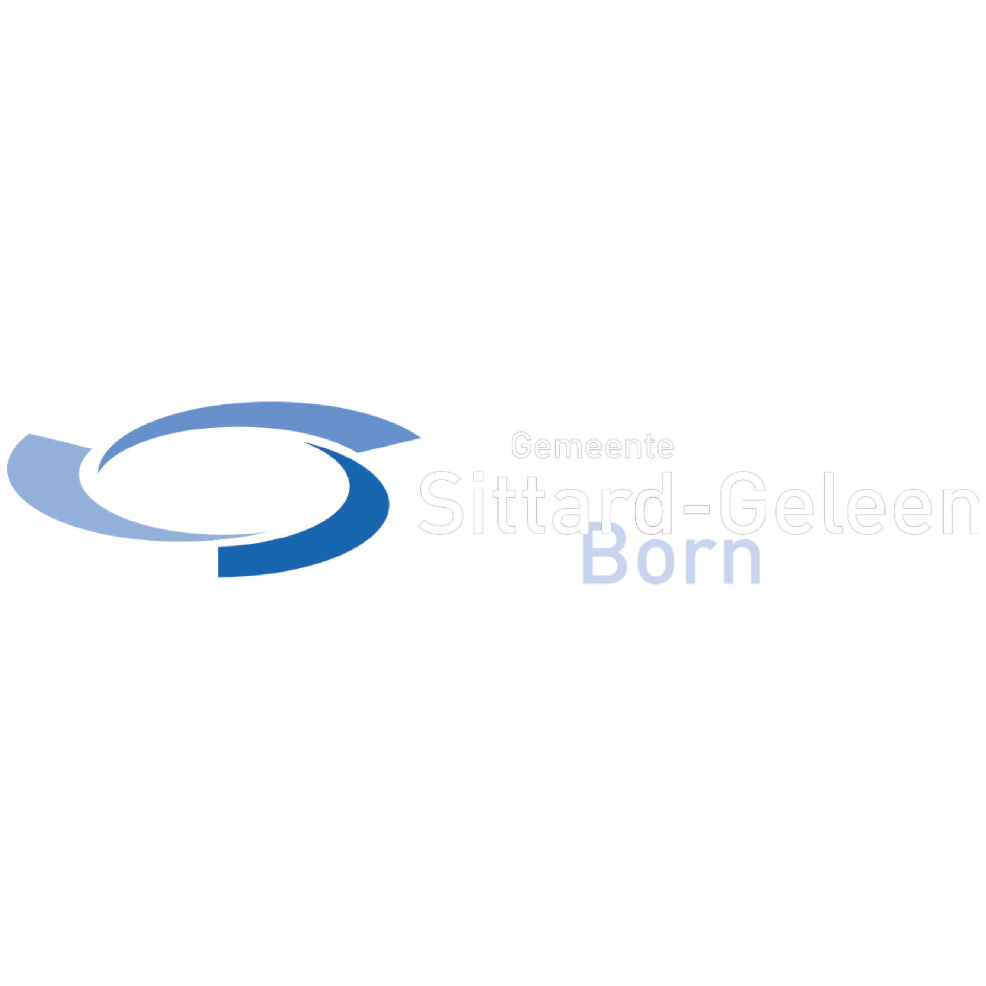 Logo van de gemeente Sittard-Geleen-Born met een gestileerde blauwe abstracte vorm en witte tekst op een donkere achtergrond.