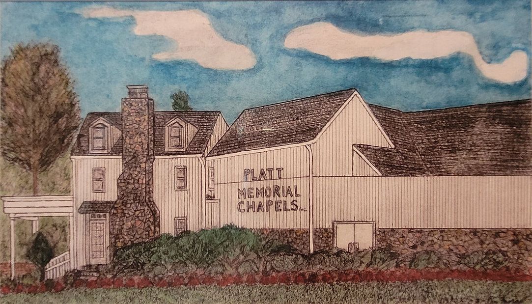 Watercolor of a white farmhouse with chimneys, trees, and a cloudy blue sky.