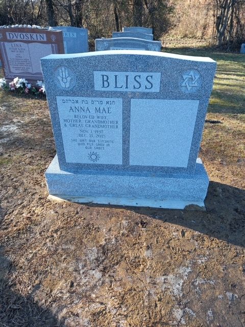 Blue gravestone in a cemetery with “BLISS” engraved at the top and a small inset memorial plaque.