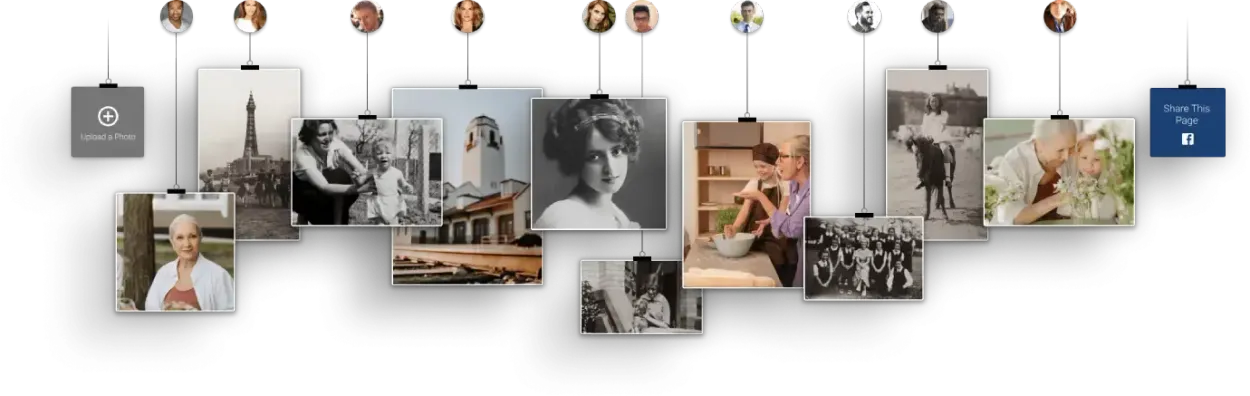 A hanging photo collage of family and travel snapshots clipped to a string on a white wall