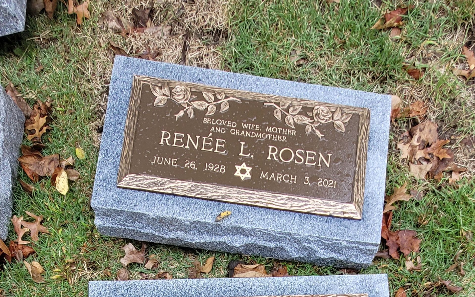 Gravestone with brown plaque reading “RENÉE L. ROSEN” set in grass with fallen leaves.