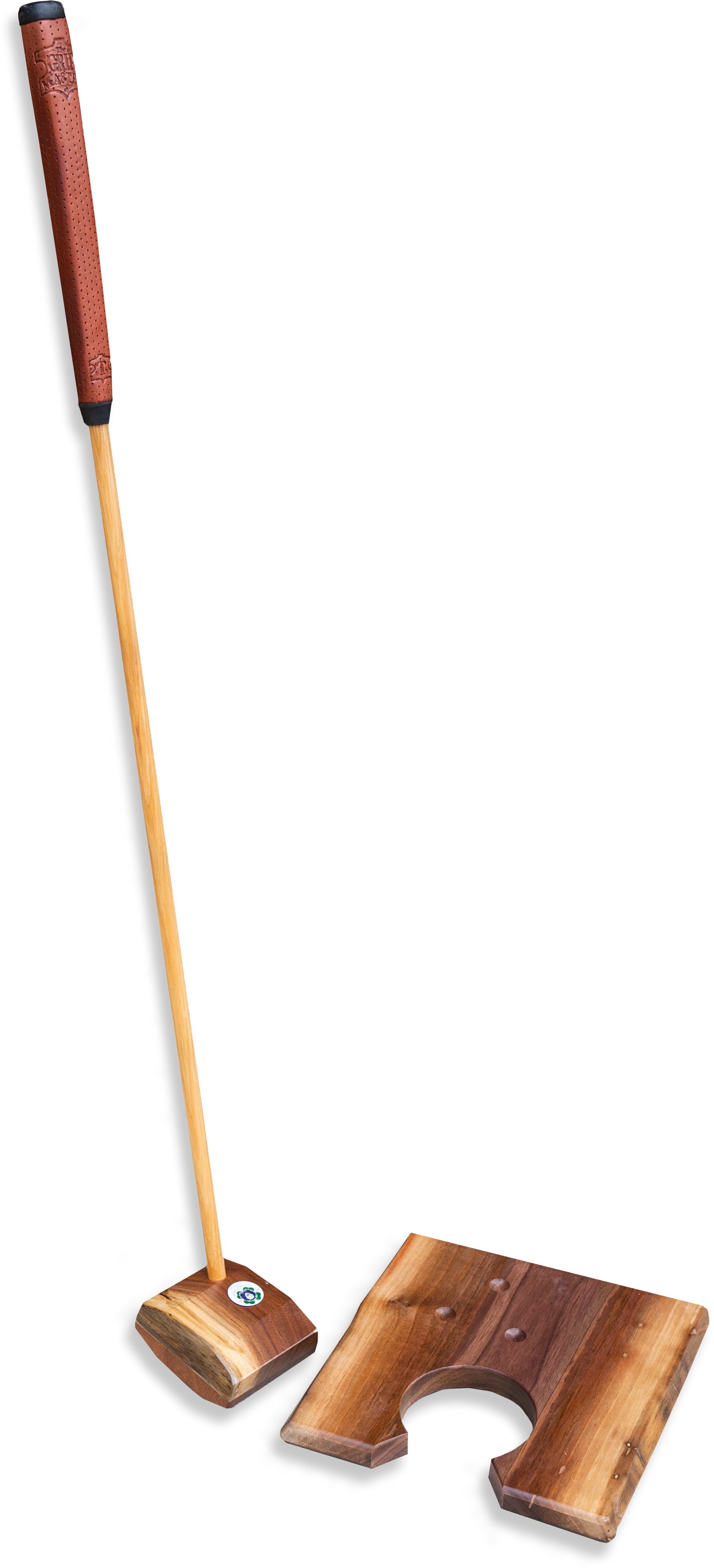 A wooden mop with a wooden handle and two mop pads on a white background.