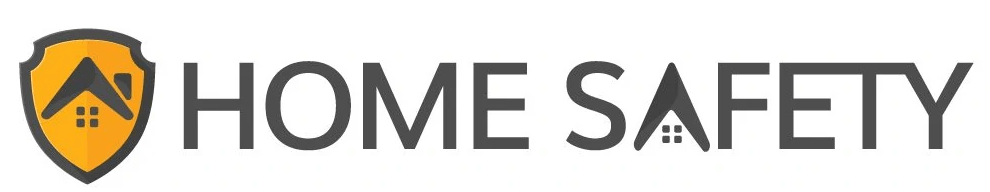 A logo for home safety with a shield on a white background.