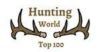 A logo for hunting world top 100 with antlers on a white background.
