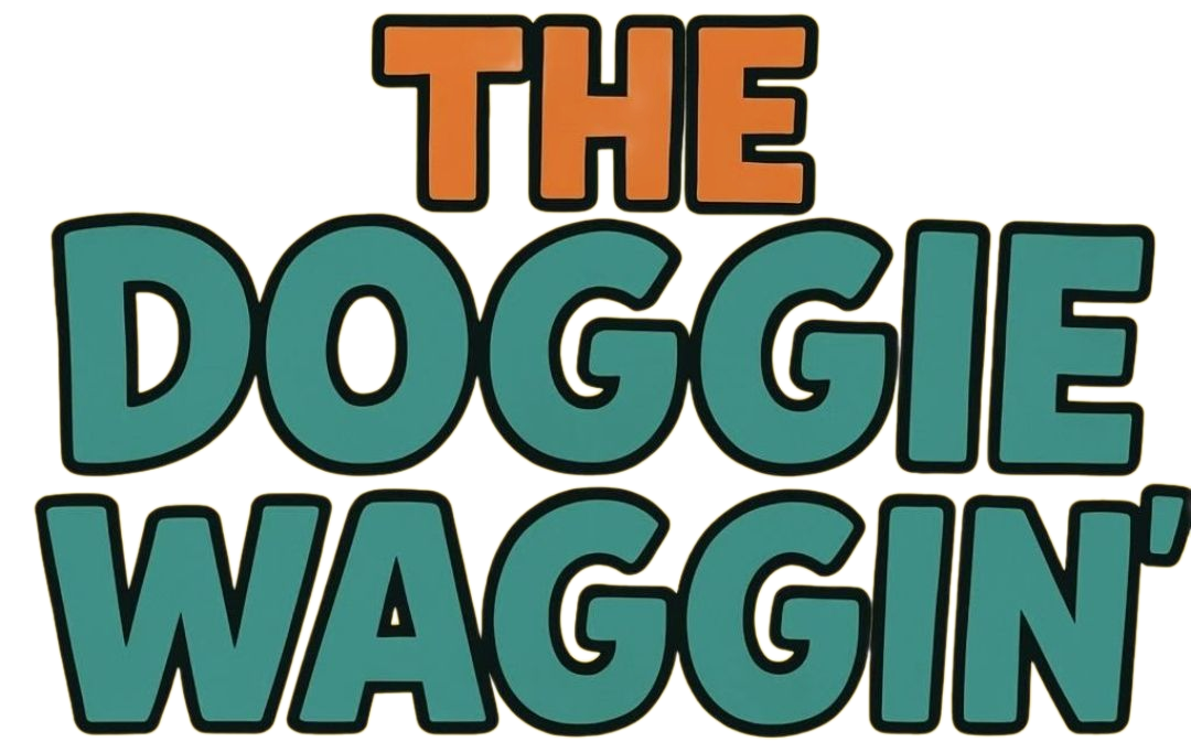 “The Doggie Waggin’” logo in orange and teal text on a white background