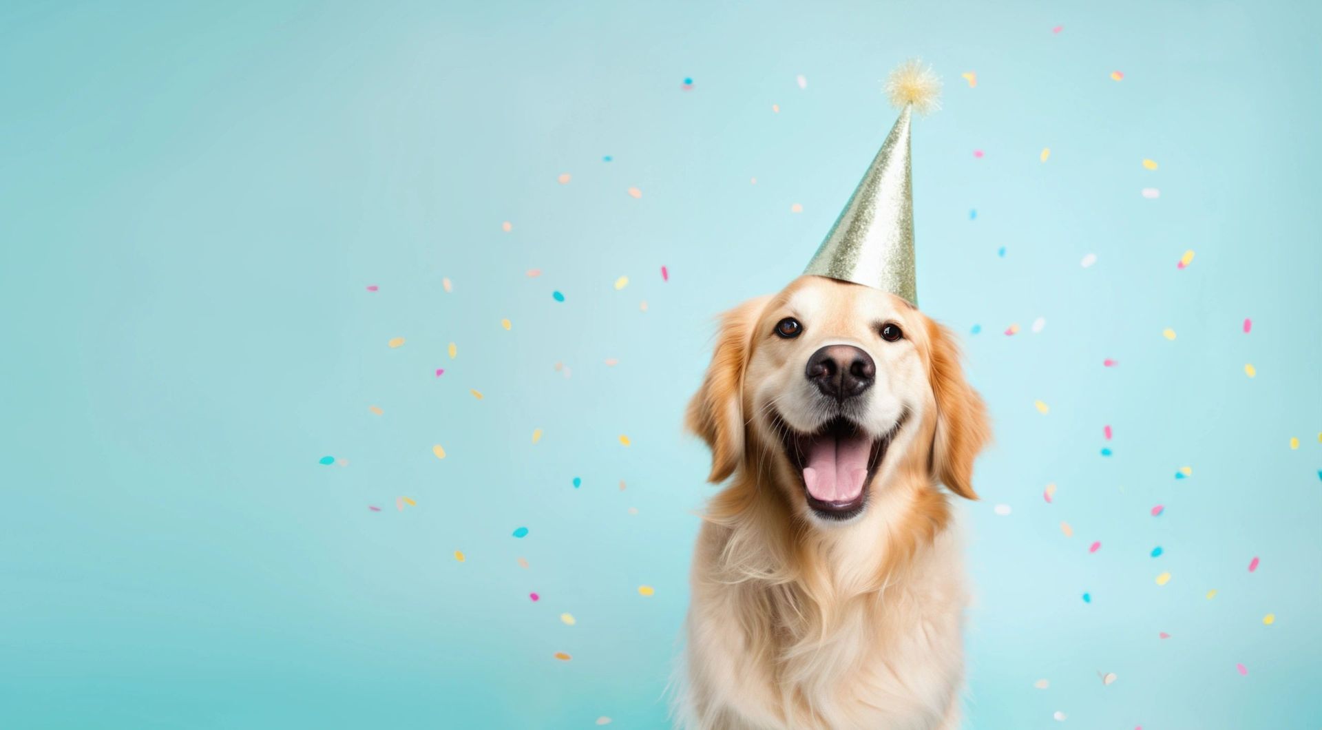 Golden retriever wearing a party hat, smiling against a light blue background with confetti