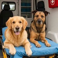 Two dogs on a blue veterinary table inside a clinic van, one golden retriever and one brown shepherd mix, both alert.