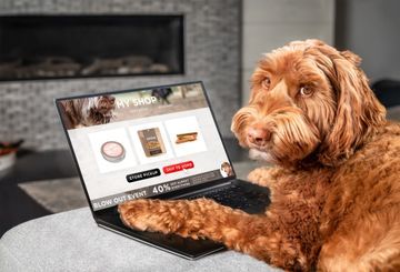 Dog using a laptop on a couch, browsing an online shopping page