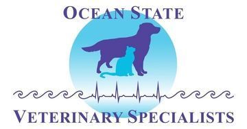 Ocean State Veterinary Specialists logo with blue dog and cat silhouettes over a heartbeat line and waves