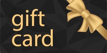 Black gift card with gold ribbon and the words “gift card” in gold text