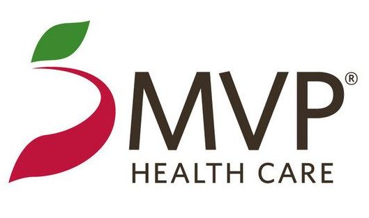Logo for MVP Health Care, brown text with a red and green stylized leaf.
