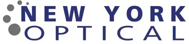 New York Optical logo in dark blue letters with gray bubbles on left side.