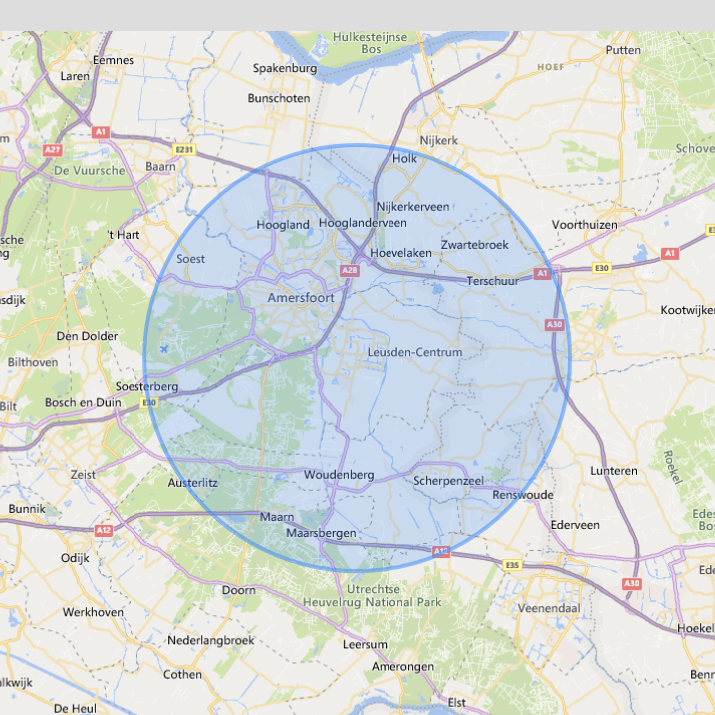 Map of the Netherlands with a blue circular area encompassing Amersfoort and surrounding cities.