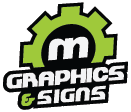 Green and black logo reading &ldquo;m Graphics & Signs&rdquo; with a gear outline
