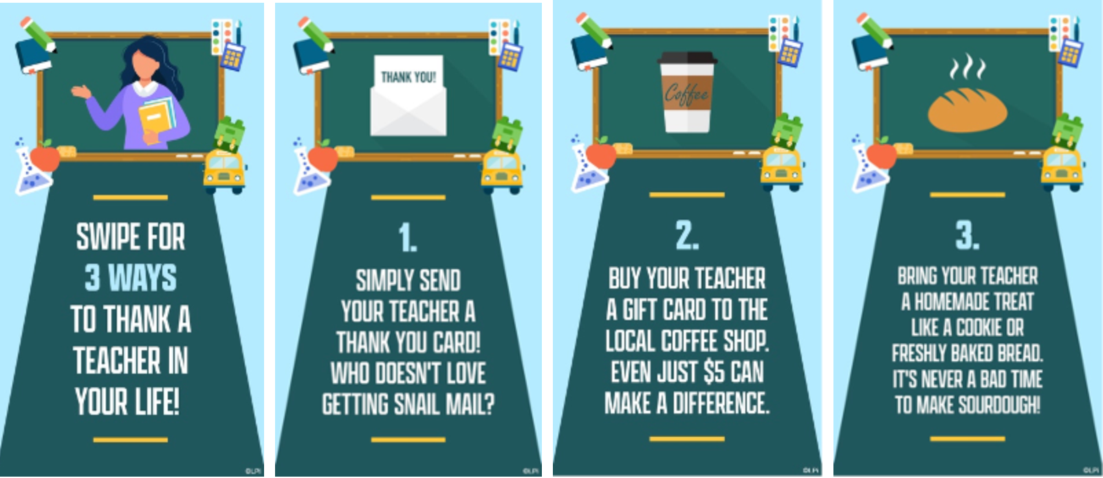 A collage of four graphics explaining how to thank a teacher in your life.