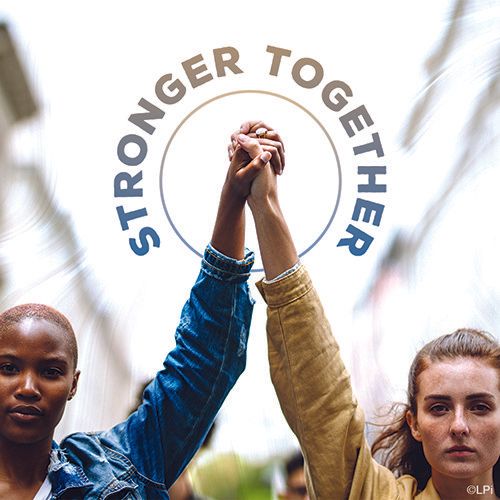 Two people are holding hands in a circle with the words stronger together.