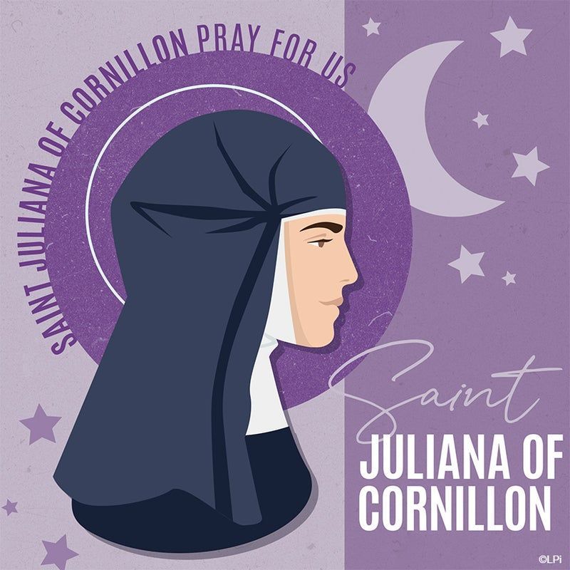 A poster of saint Juliana of Cornillon praying for us.