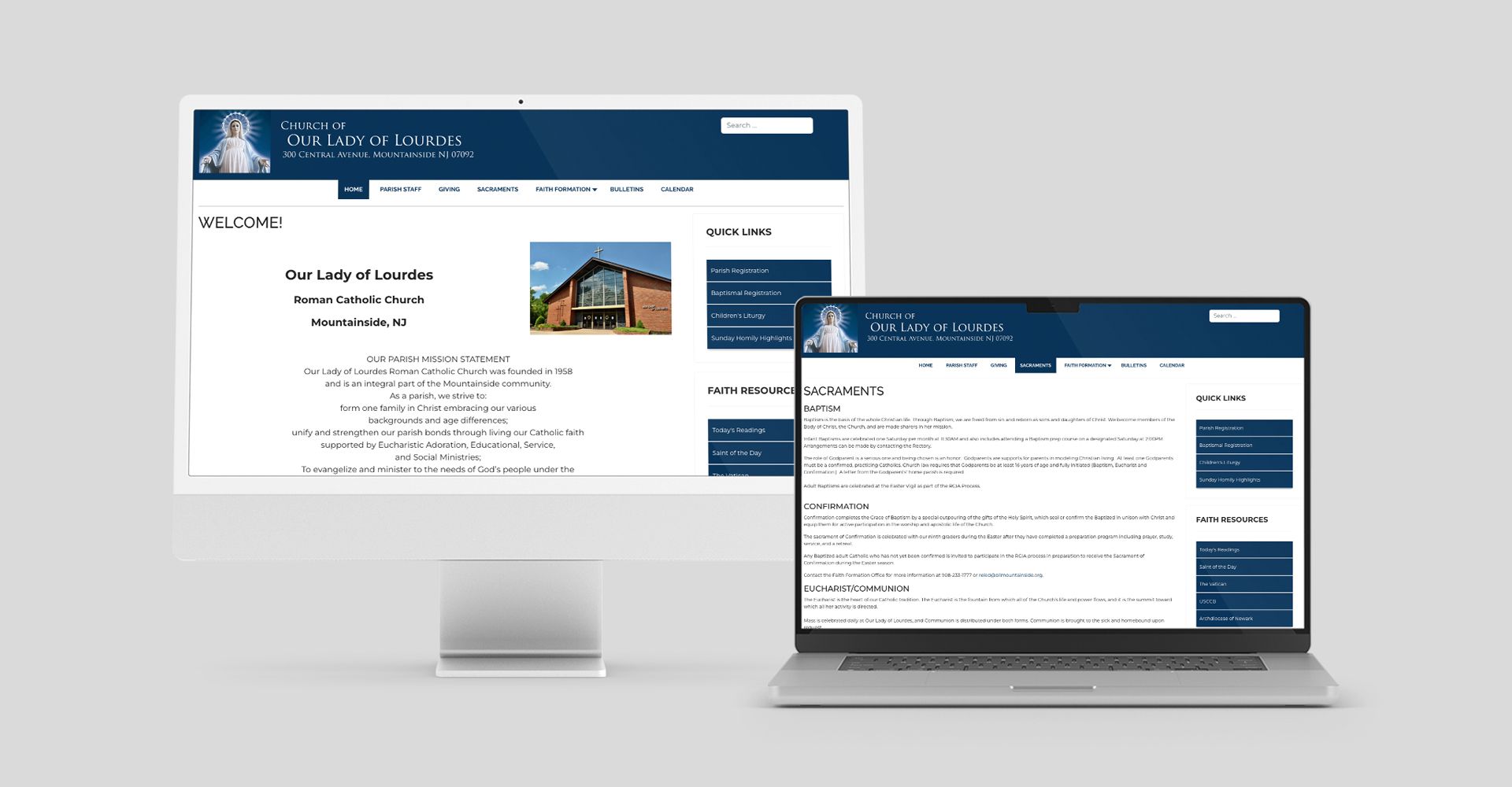 A computer and a laptop are displaying a website for a Parish.