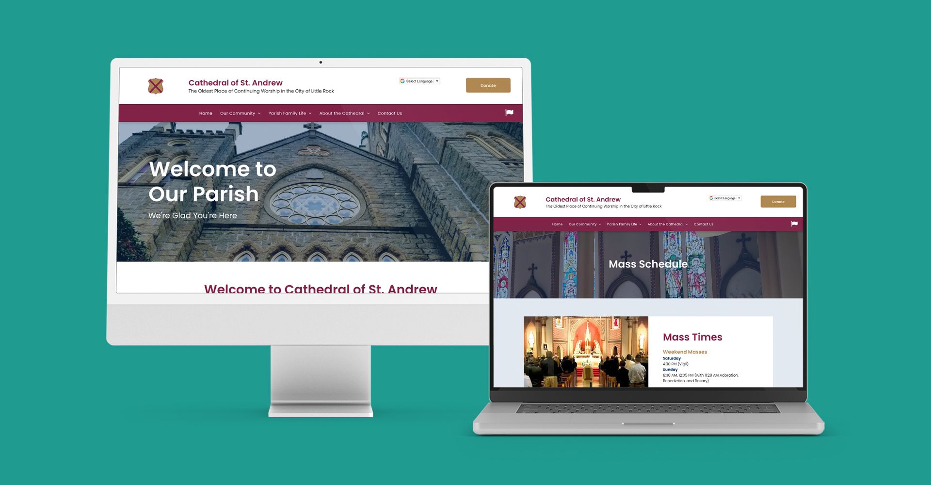 A computer and a laptop are displaying a website for a Parish.