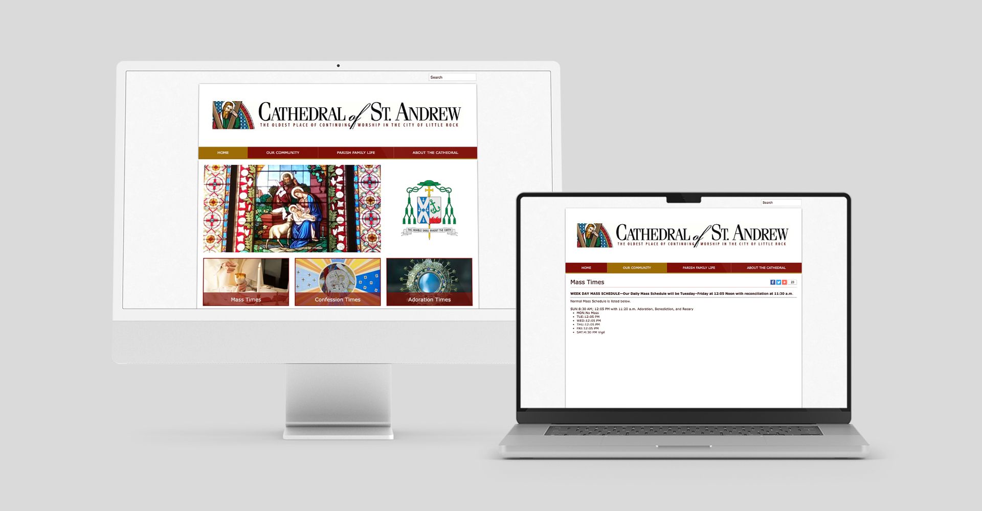 A computer and a laptop are displaying a website for a Parish.