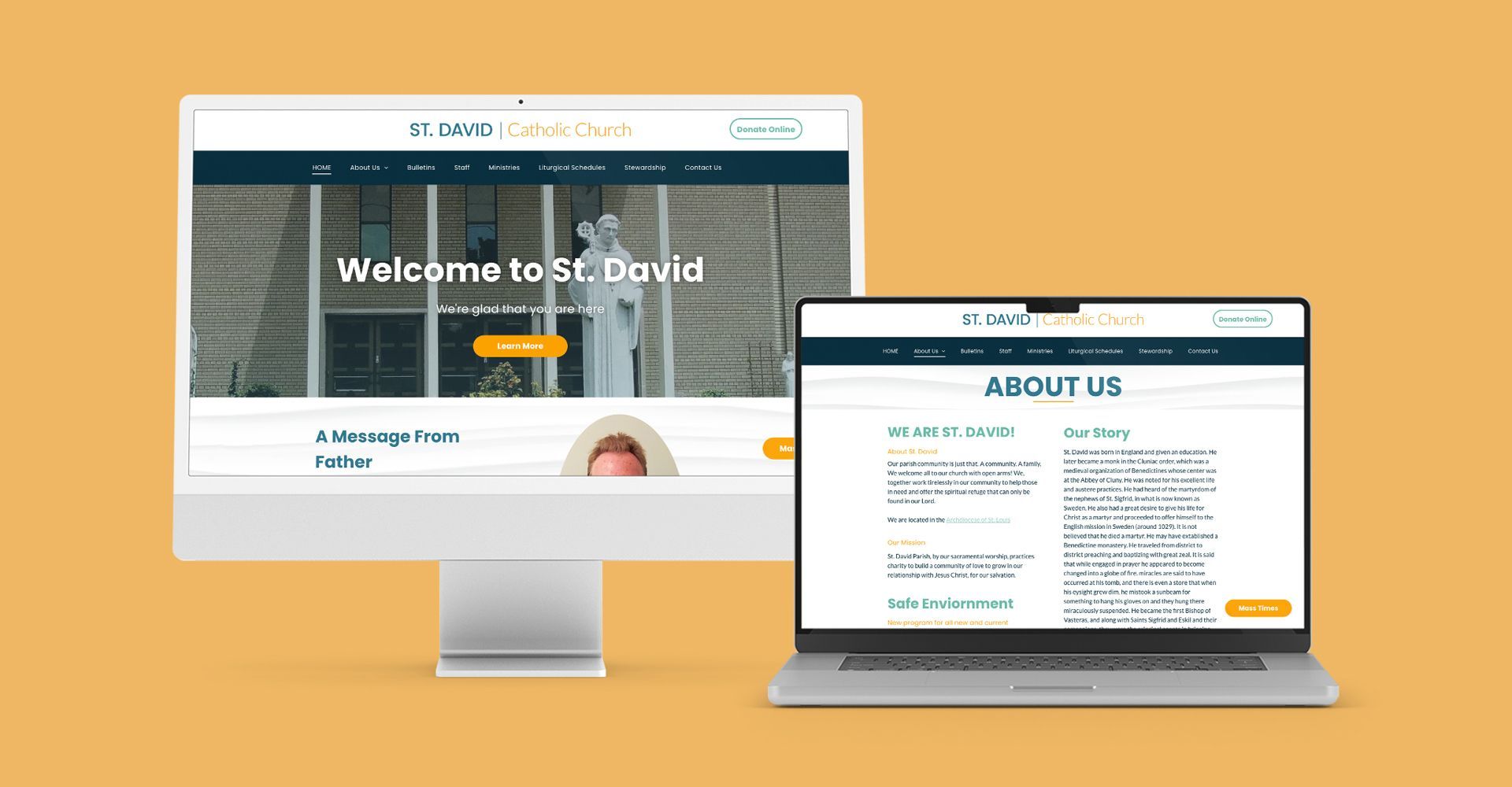 A computer and a laptop are displaying a website for a Parish.