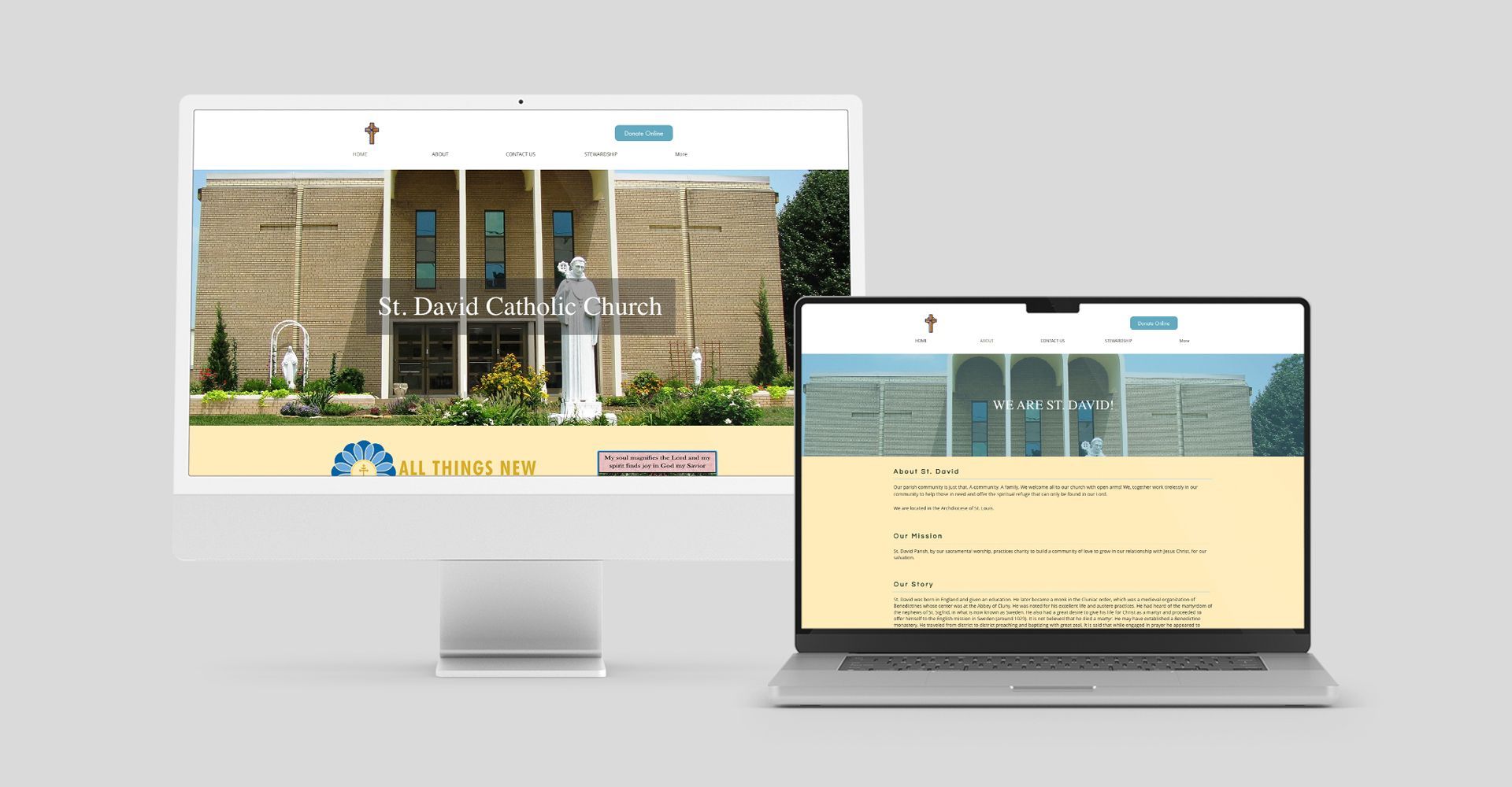 A computer and a laptop are displaying a website for a Parish.