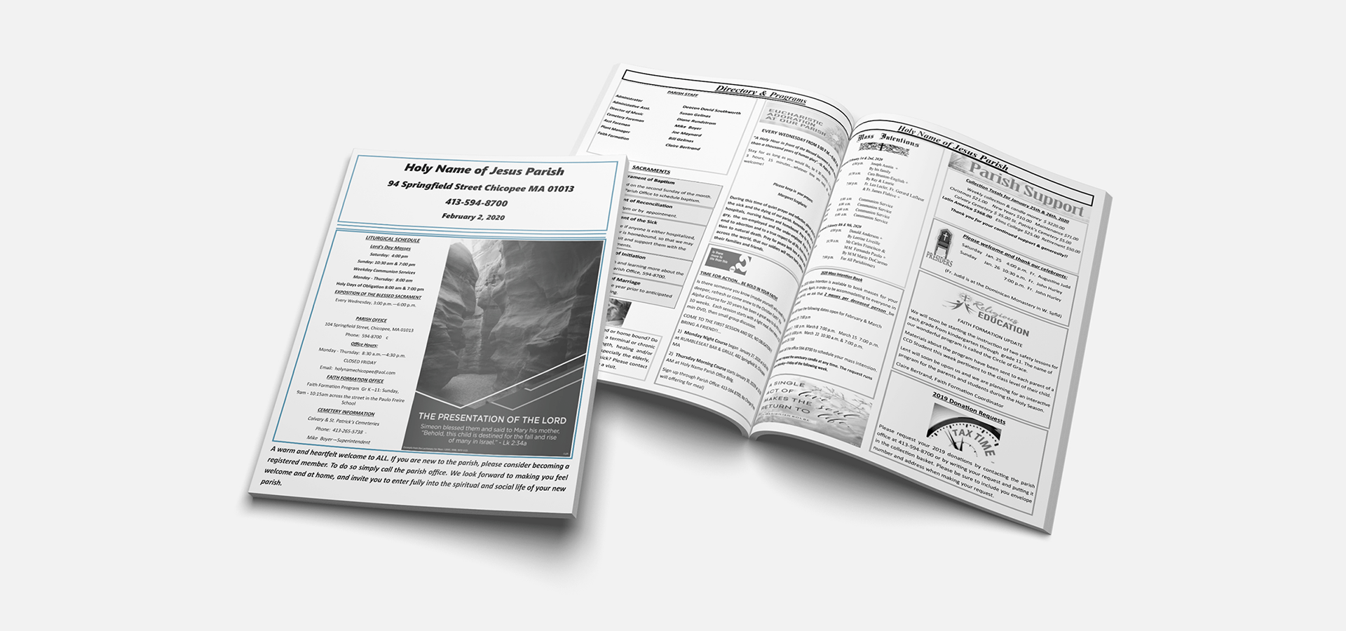 A plain bulletin is open to a page with a picture on it.