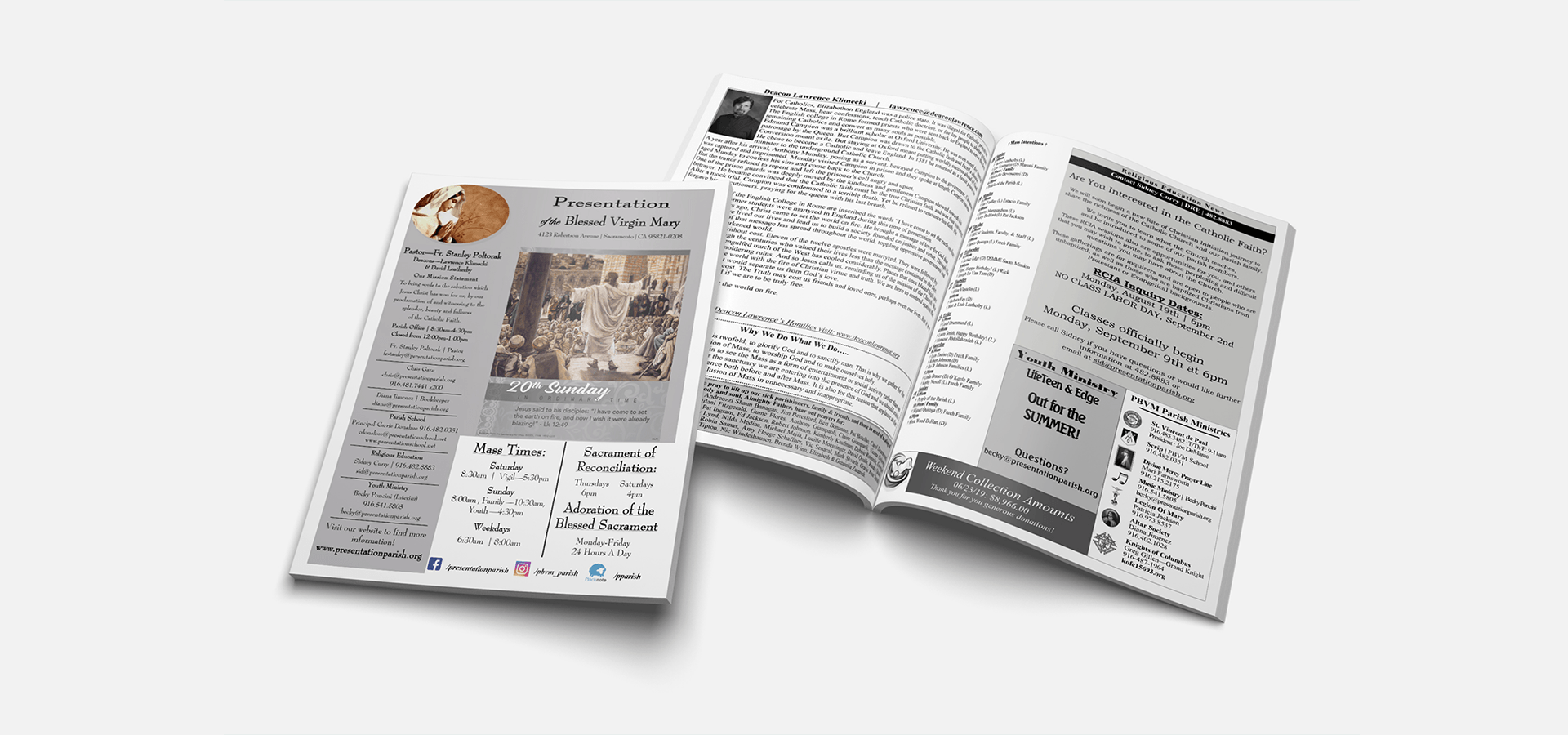 Two gray bulletins are open on a white background.