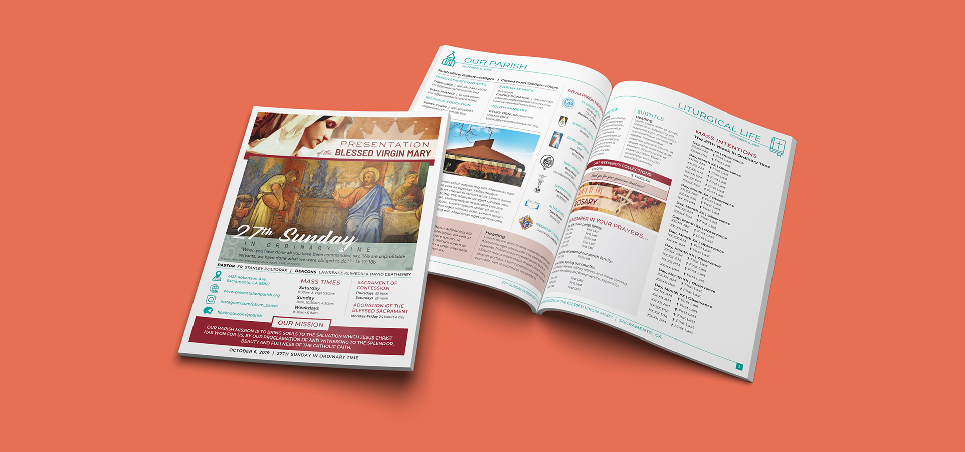 Two bulletins are sitting next to each other on a red background.