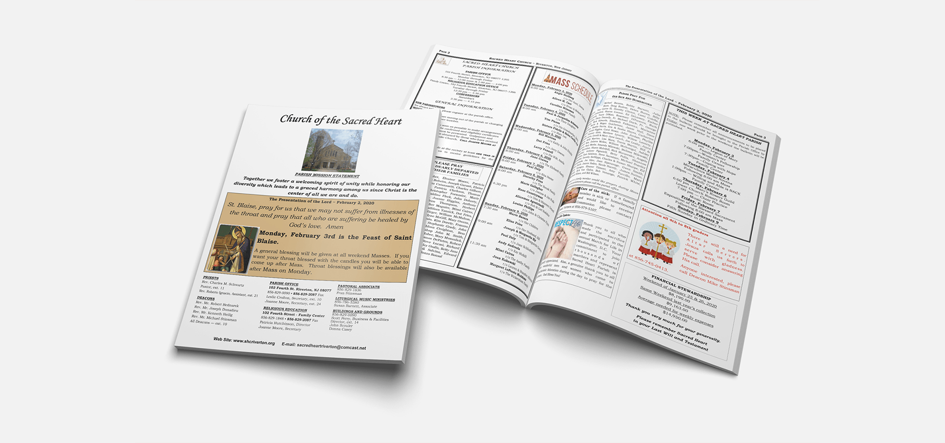 A plain bulletin is open to a page with a picture of a building on it.