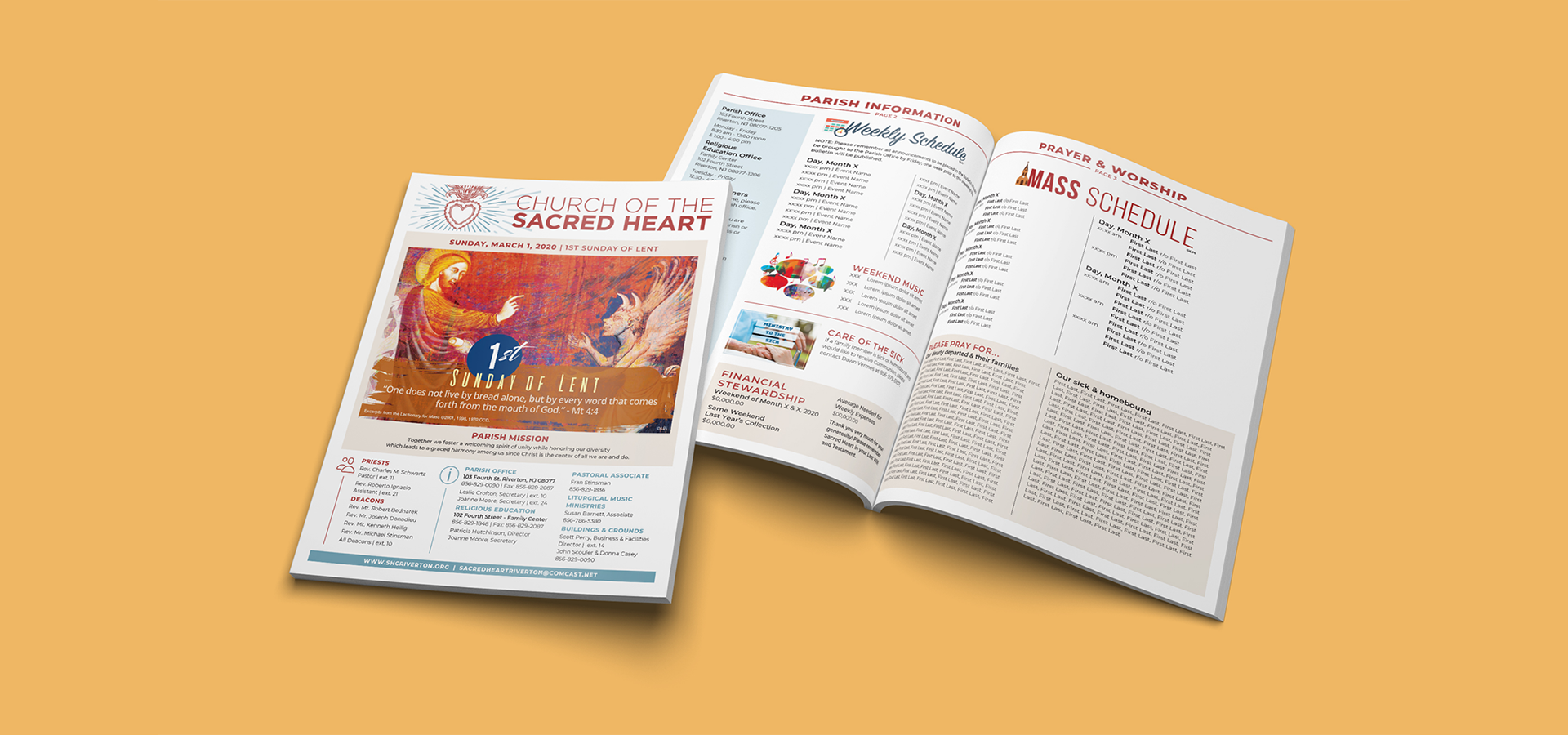 Two bulletins are sitting next to each other on a yellow background with vibrant colors.