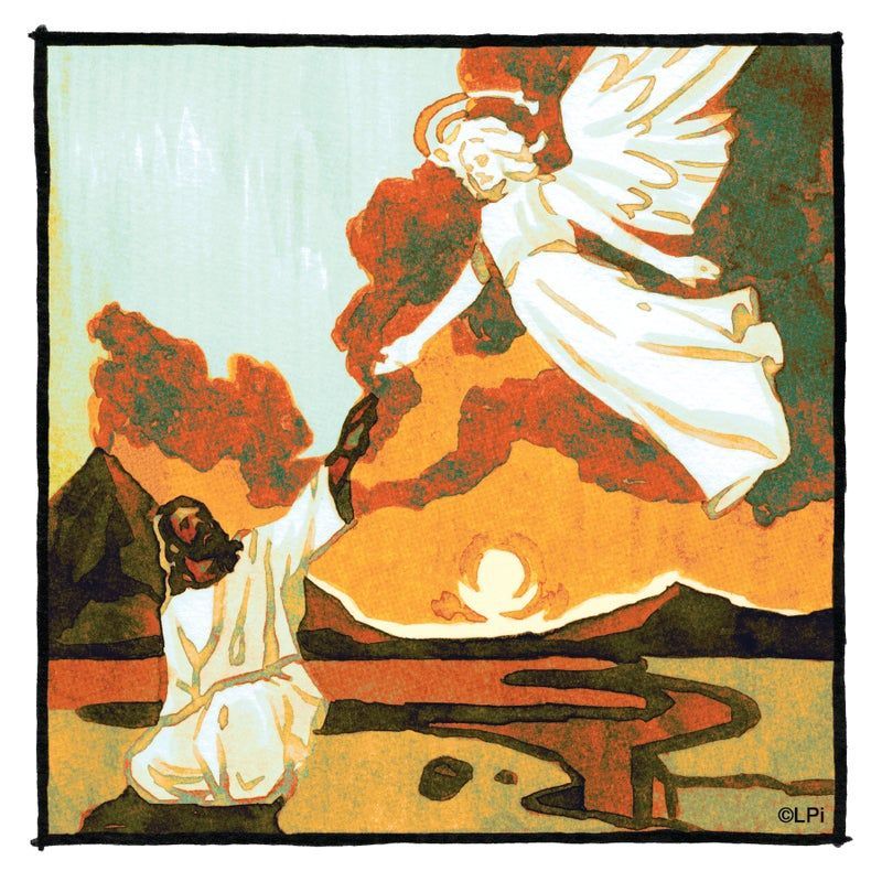 A water color painting of Jesus and an angel.