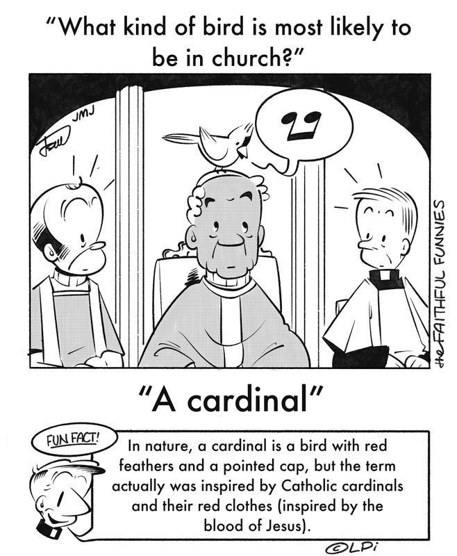 A black and white cartoon with two priests and a Cardinal sitting down.