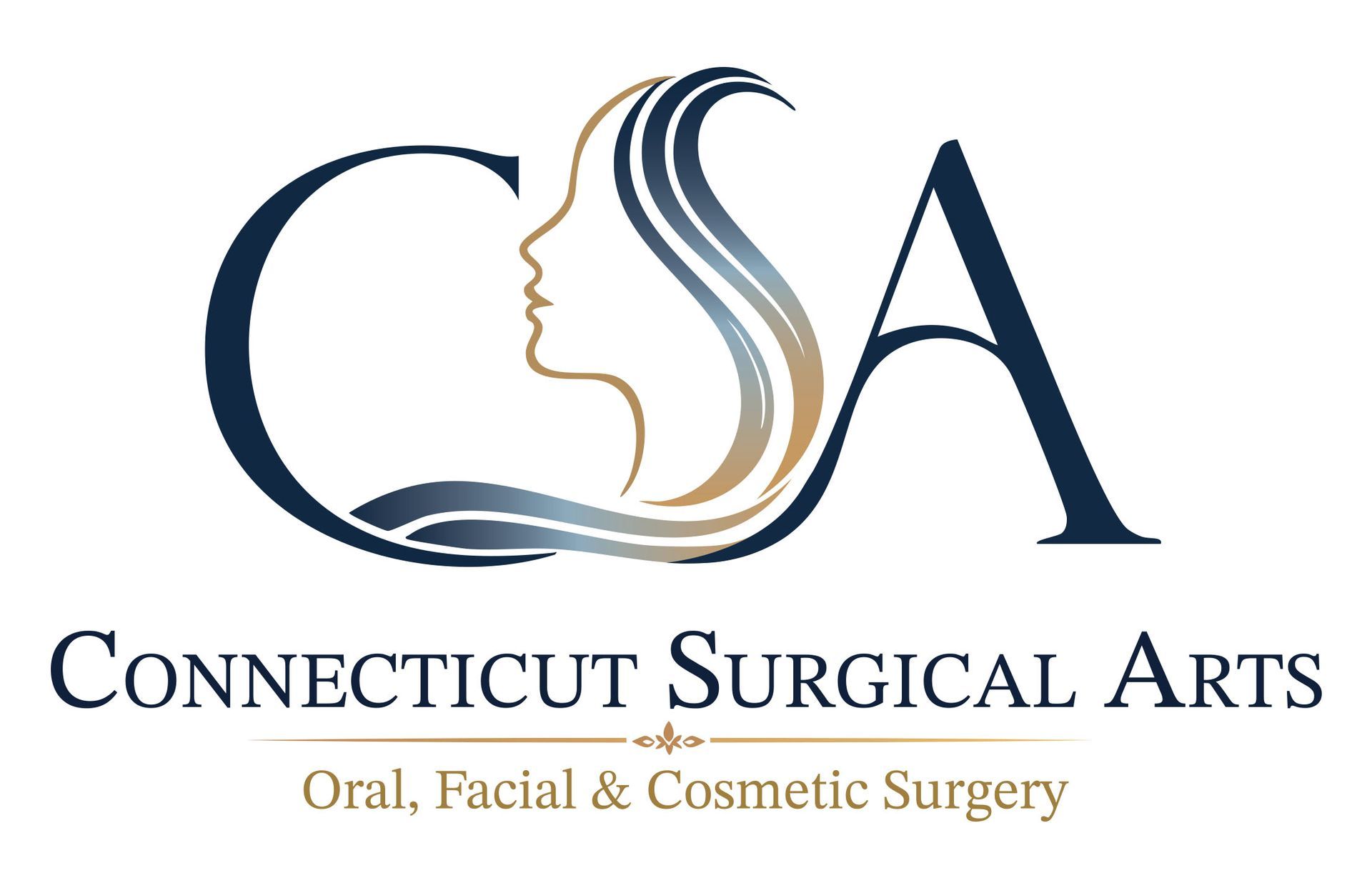 Connecticut Surgical Arts logo with stylized face profile and gold and navy text, Oral, Facial & Cosmetic Surgery