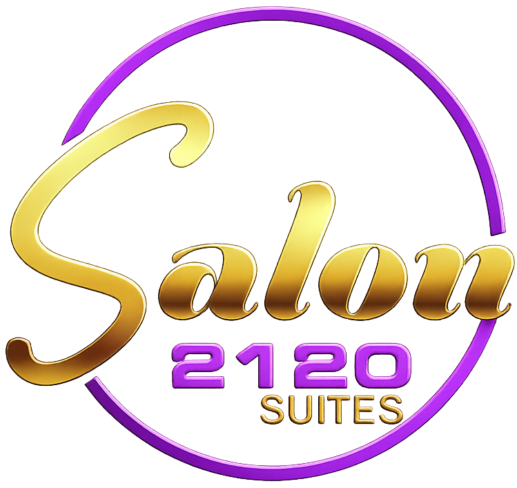 Logo for Salon 2120 Suites with gold text inside a purple circular outline on a white background.