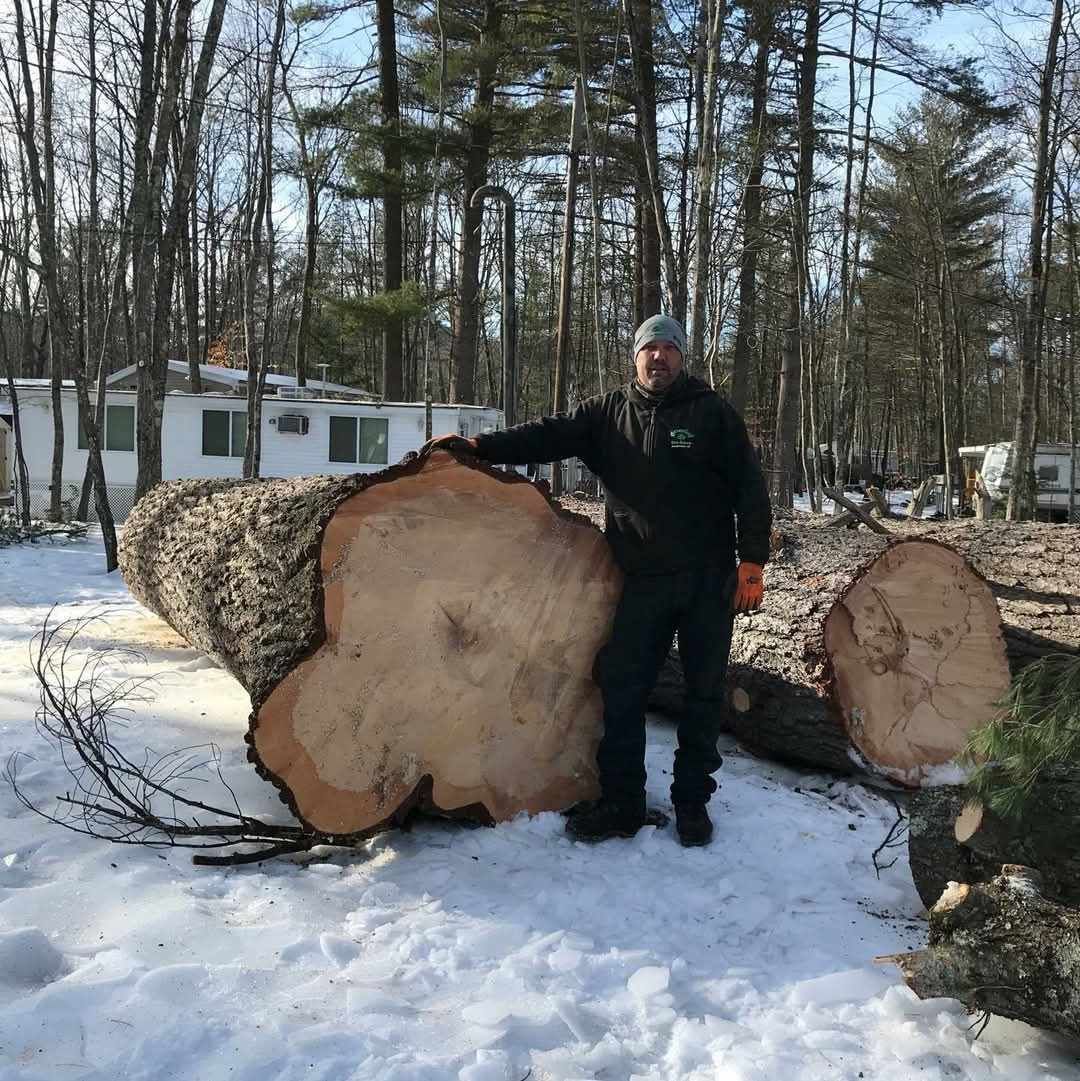 A man is standing next to a large log in the snow.