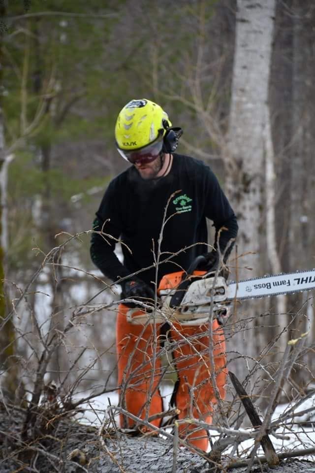 A man is cutting a tree branch with a chainsaw in the woods.