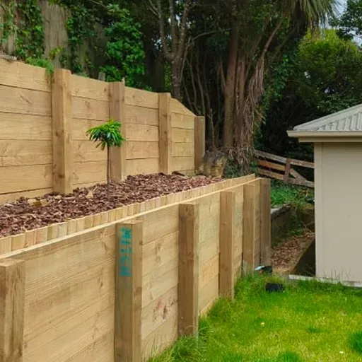 A wooden fence in a backyard with a house in the background.