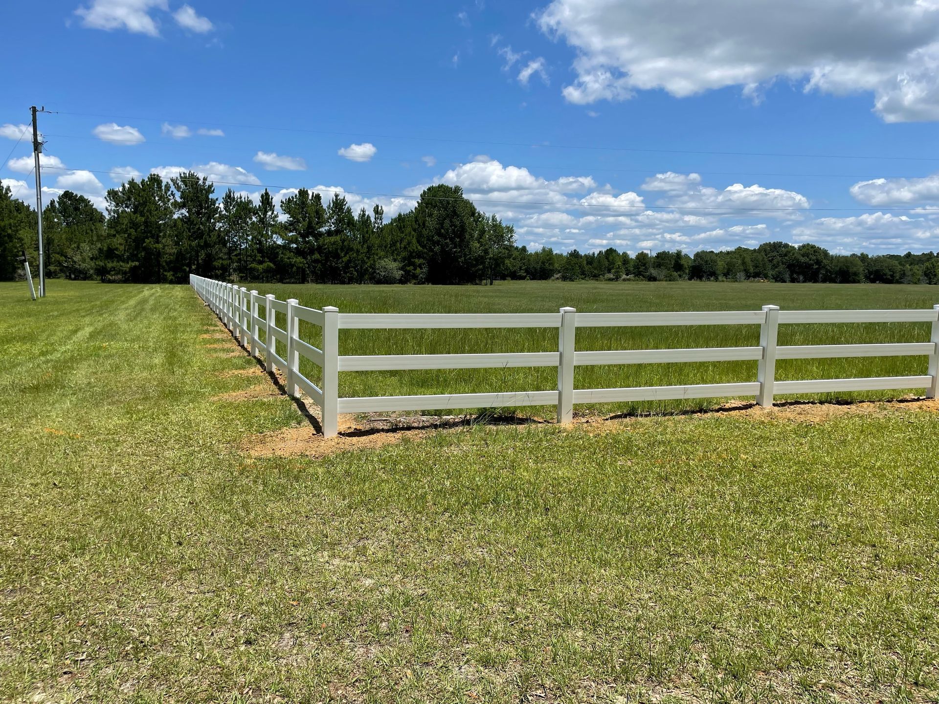 White fence in a grassy field under a blue sky with fluffy clouds and trees in the background.