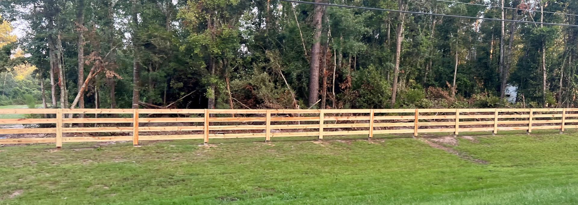 A wooden fence runs along a green grassy area with a backdrop of trees.