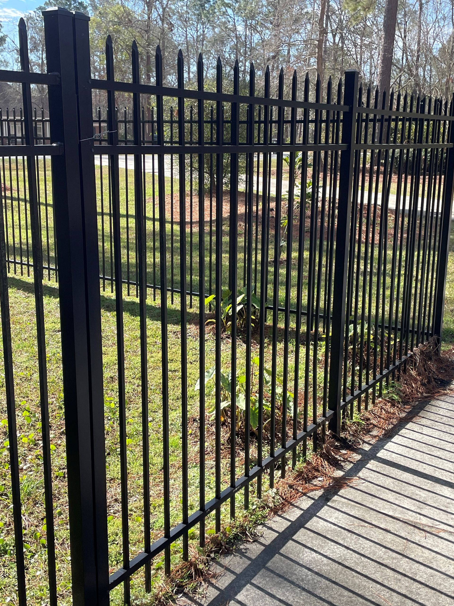 Black metal fence bordering a sidewalk, with pointed vertical bars and a natural background.