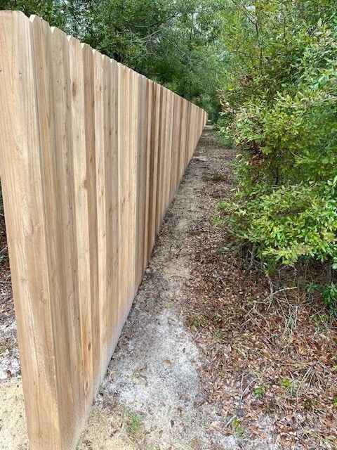 Wooden fence along a dirt path, trees and foliage in the background.