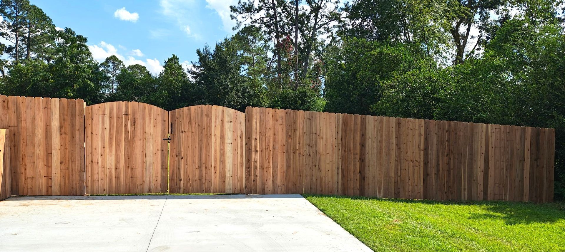 Wooden fence bordering a yard with green grass and trees, against a blue sky.