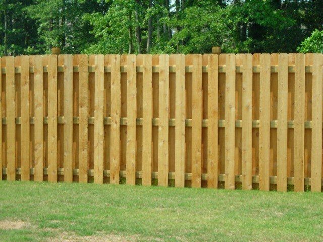 Wooden fence with vertical planks in a grassy yard, trees in the background.