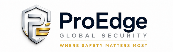 ProEdge Global Security logo with silver shield icon and tagline “Where Safety Matters Most”