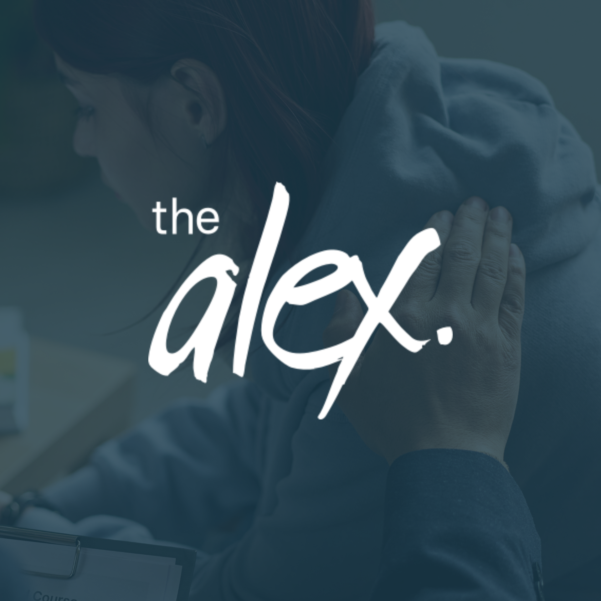 The Alex logo over a blue-tinted photo of two people hugging