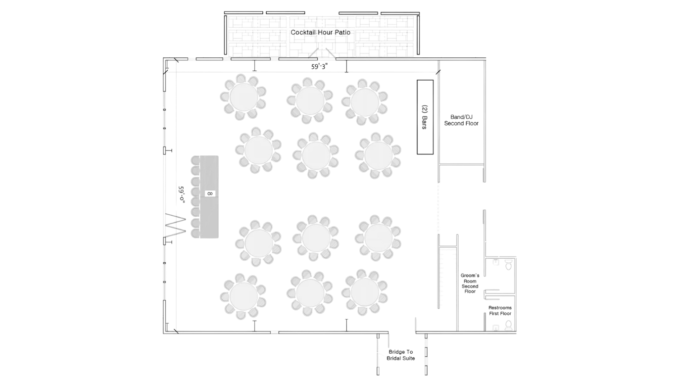 A black and white floor plan of a room with tables and chairs.